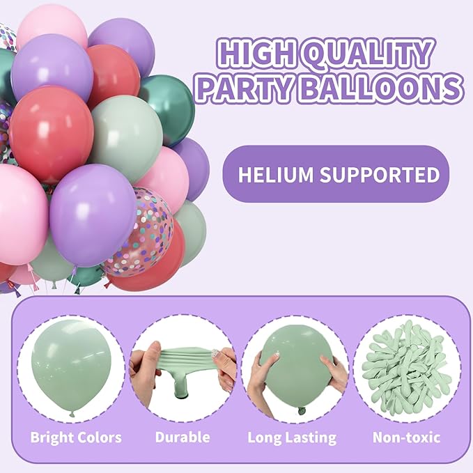 Pink Purple Green Balloons for Mermaid Magic Birthday Party Decorations Under The Sea 60PCS 12INCH Pastel Pink Teal Metallic Sage Green Helium Latex Balloon Confetti Balloons for Arch Baby Shower