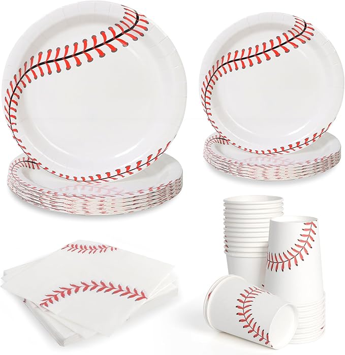 96pcs Baseball Paper Plates Baseball Field Party Plates and Napkins Cups Disposable Tableware Set for 24 Guest Kids Birthday Party Celebratory Banquet Table Supplies Decorations