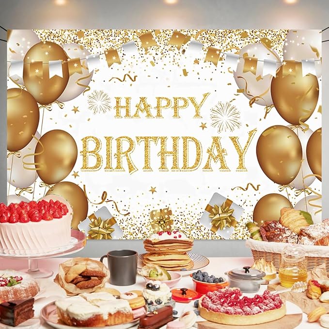 Gold Birthday Party Decoration - Happy Birthday Backdrop & Photo Background Banner Poster - 70.8 x 47.2 Inch