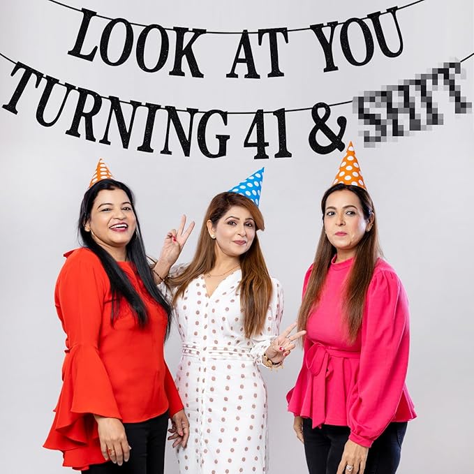 Black Glitter Look at You Turning 41 & Sh*t Banner, Happy 41st Birthday/Level 41 Unlocked/Cheers to 41 Years, Funny 41st Birthday Party Decorations Supplies