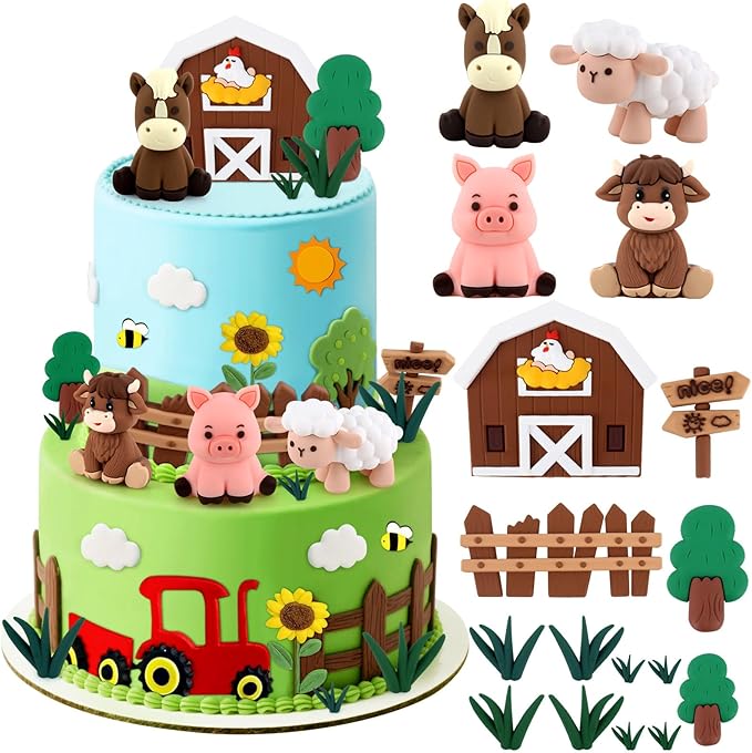 Hooqict 17Pcs Farm Cake Decorations Set with Mini Horse Cow Pig Sheep, Farm Animal Cake Toppers for Party Animal Birthday Cake Decorations Supplies Baby Showers