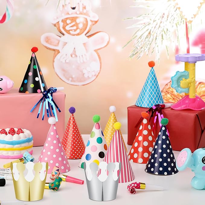 Skylety 59 Pieces Party Cone Hats with Colorful Blowers and Metallic Fringed Noisemakers Birthday Blowouts Horns Whistles Musical Noisemaker for Adults Birthday Party Supplies
