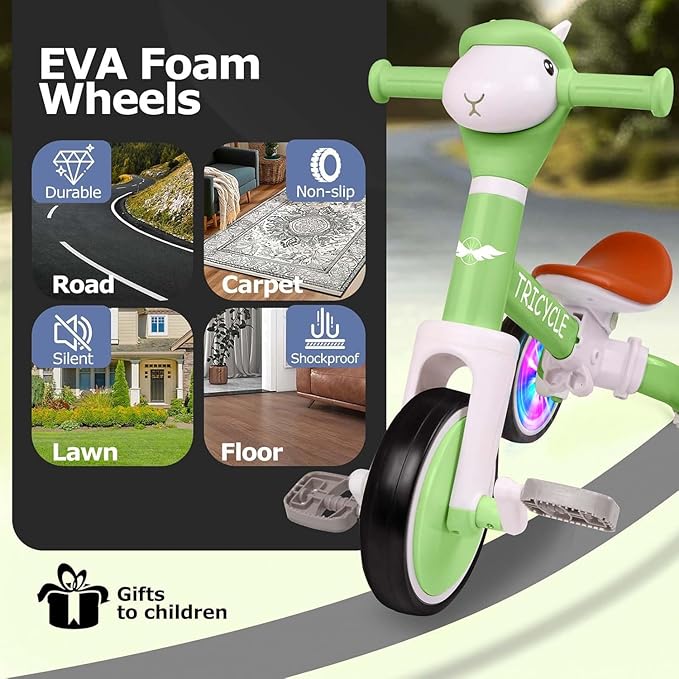 Toddler Balance Bike for Boys Girls, Tricycle for Toddlers 1-5 Year Olds, Toddler Tricycle with Light & Music Front, Kids Bicycle with Removable Pedal, Birthday Gifts for Kids (Flash Wheel Green)