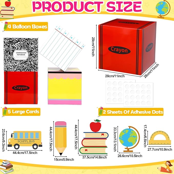 Back to School Party Decoration Balloon Box Sets Includes Pencil Crayon Notebook Line Drawing Balloon Boxes with School Bus Book Globe Ruler Large Cards for Teacher Props Pencils Photo Prop Supplies