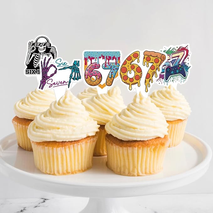 48PCS Six Seven Cupcake Toppers, Funny 6 7 Party Decorations Funny Six Seven Birthday Cake Decorations for Donut Ice Cream Baseball Meme 6 7 Theme Party Supplies