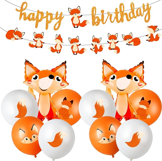 Lenwen 34 Pcs Jungle Animal Themed Party Decorations Cute Fox Birthday Party Supplies Include Farm Zoo Theme Banner, Balloons for Boy Girl Birthday Baby Shower Wedding Graduation