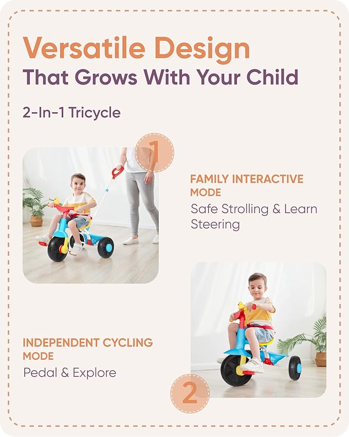 KRIDDO 2 in 1 Kids Tricycles Age 18 Month to 3 Years, Gift Toddler Tricycles for 2-3 Year Olds, Trikes for Toddlers with Push Handle and Duck Bell EVA Wheel
