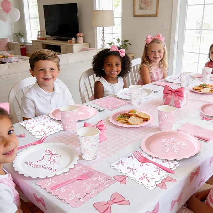 96 Pcs Pink Bow Plates and Napkins Tableware Set (Serve 24), Bow Birthday Decorations, Party Supplies Include Plates Napkins Plastic Forks, Pink Birthday Decorations
