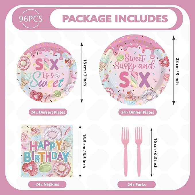 96 Pcs Sweet Sassy and 6 Birthday Decorations Donut 6th Birthday Party Decorations for Girls Colorful Donut Plates and Napkins 6 Years Old Disposable Party Supplies Serves 24