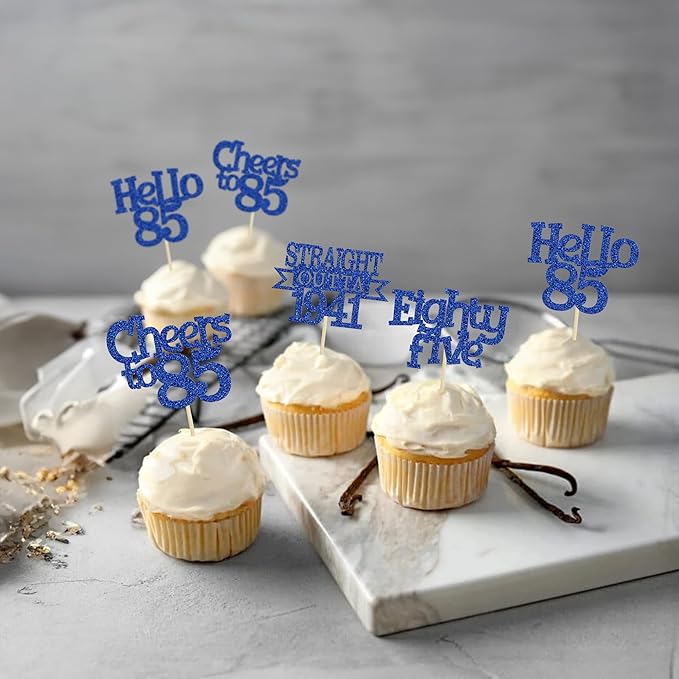Ephlyn 24Pcs 85th Birthday Cupcake Toppers Glitter Straight Outta 1941 Cupcake Picks Hello 85 Cheers to 85 Years Cake Decorations for 85th Birthday Anniversary Party Decorations Supplies Blue