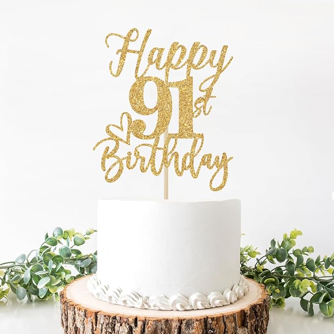 Happy 91st Birthday Cake Topper, Birthday Decorations for Men/Women, Cheers to 91 Years, Hello 91, Party Supplies Gold Glitter