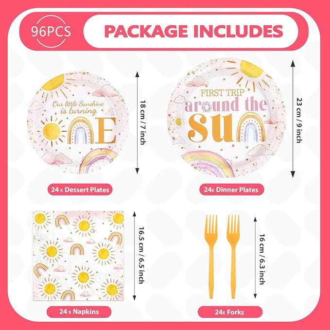 96Pcs First Trip Around The Sun Birthday Decorations for Girls Boho Sun 1st Birthday Plates and Napkins Sets Bohemian Sunshine Party Decorations for Baby Shower One Year Old Party Supplies Serves 24