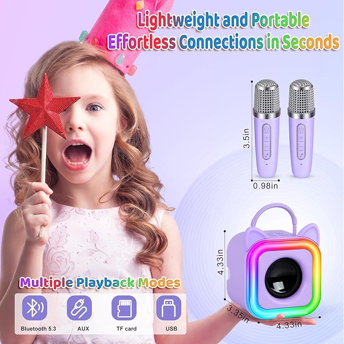 Mini Karaoke Machine for Kids with 2 Wireless Microphones - Toys Gift for Boys Girls Ages 4, 5, 6, 7, 8, 9,10,11,12+Year Old - Christmas, Birthday, Party Singing Gift (Purple)