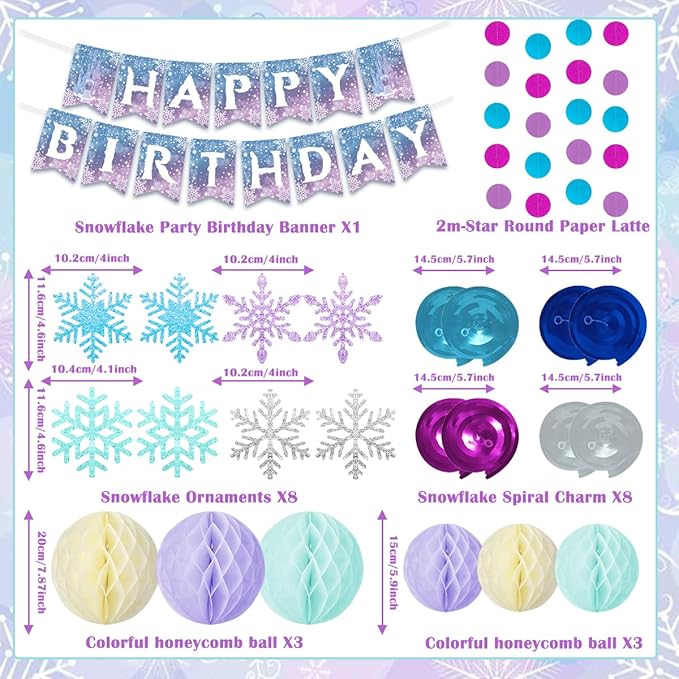 Frozen Birthday Party Decorations, Princess Party Supplies Winter Theme Happy Birthday Banner, Honeycomb Balls, Hanging Swirls, Snowflakes for Princess BirthdayS Decoration Girl Party