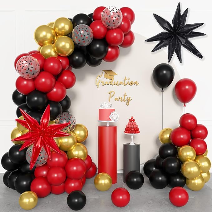 Ouddy Life 103Pcs Casino Theme Party Decorations, Red and Black Happy Birthday Banner Star Heart Poker Foil Balloons Fringe Curtain Paper Tassel Cake Topper for Las Vegas Game Night Party Decorations