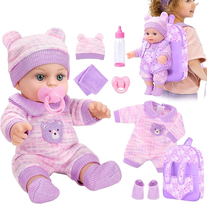 12'' Baby Doll with Bear Pattern Backpack in Gift Box,Including Clothes Accessories, Backpack, Baby Bottle, Pacifier, Hat, Socks, and Handkerchief for 3+ Child Girls Gifts