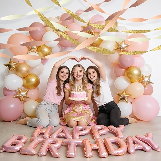 AOYOO Rose Gold Pink Streamers - 6 Rolls Metallic Gold & Blush Crepe Paper Streamer Decorations for Birthday, Wedding, Bridal Shower, Baby Shower, Bachelorette - Elegant Boho Hanging Backdrop Decor