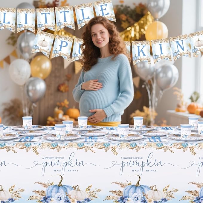194Pcs Fall Pumpkin Baby Shower Decorations for Boys, Boho Floral Pampas Grass Little Pumpkin Party Supplies Disposable Tableware Set Plates Napkins Banners Plastic Tablecloth for Baby Shower