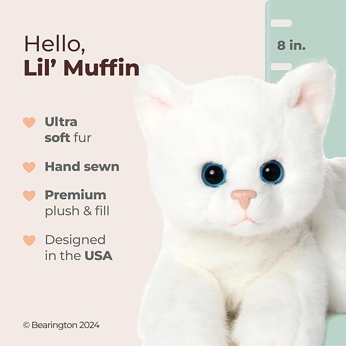 Bearington Lil' Muffin White Cat Stuffed Animal - 8" Adorable White Cat Plush Toy with Soft Fur and Lifelike Details - Cute and Cuddly Stuffed Kitten Plushy - Adorable Gift for Kids and Toddlers