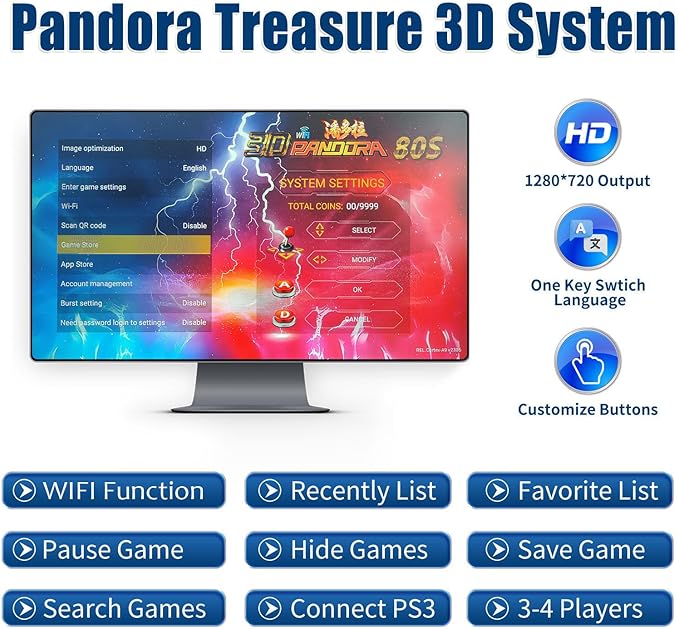 16800 Games 3D Pandora Box TT Arcade Game Console,WiFi Function Retro Video Game Machine,1280x720 HD Output,Search/Save/Hide/Pause Games,Support 4 Players,Two Split Consoles