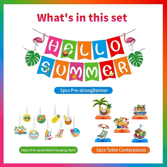 Summer Party Decorations, Hello Summer Banner Hanging Swirls and Honeycomb Centerpieces Beach Pool Party Decorations, Summer Pool Holiday Birthday Party Supplies