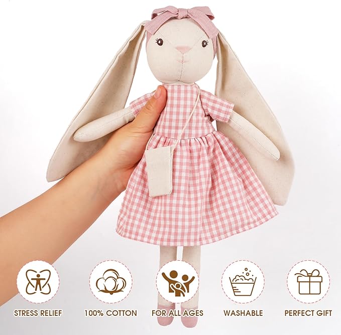 15" Bunny Stuffed Animal for Girls, Plush Toy Doll -Wearing Pink Plaid Dress,Cute Doll Set Dress Up for 3 4 5 Year Old Girl - Gift for Little Girl, Birthday, Easter,Christmas…