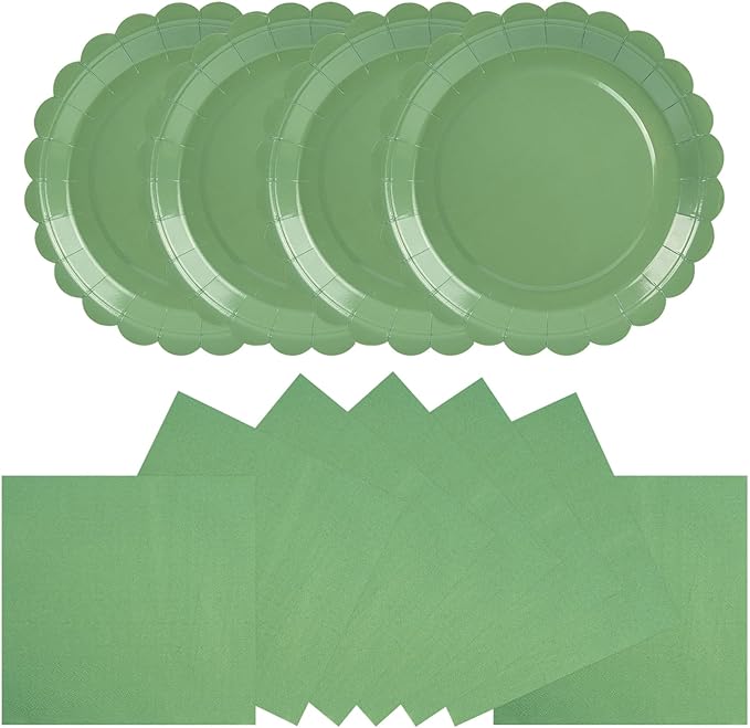 50pcs Sagegreen Paper Plates&Napkins Party Supplies-7Inch Scalloped Dessert Plates Disposable Sage Green Cake Plate Tableware Decoration for Baby Shower Birthday Wedding Bridal Serves 25