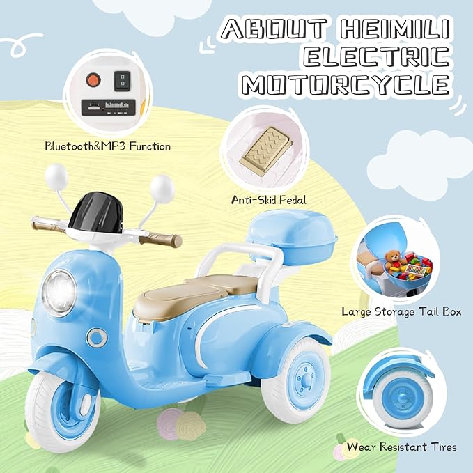 HEIMILI 12V Kids Electric Motorcycle for Girls, 3 Wheel Ride On Motorcycle for Kids 3-5 Years, Mini Battery Powered Motorbike with Bluetooth & MP3, Toddler Electric Ride On Toy, Blue
