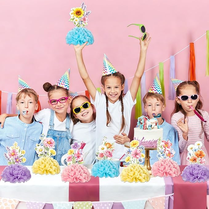 12Pcs Wildflowers Party Honeycomb Centerpieces Wildflower Spring Birthday Party Decorations Table Centerpieces Flower Birthday Paper Centerpieces for Wedding Baby Shower Supplies