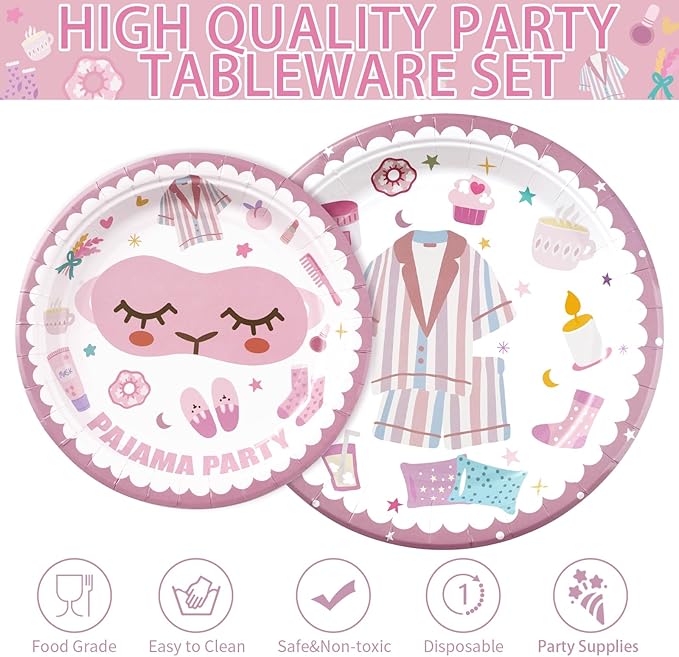 96Pcs Pajama Party Decorations Supplies Sleepover Party Supplies For Girls Pajama Plates Napkins Forks Tableware Set for Slumber Party Spa Party Girls Birthday Party Bachelorette Party, Serves 24