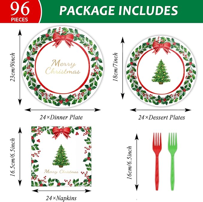 gisgfim 96 Pcs Christmas Paper Plates Napkins Party Supplies Holly Leaf Party Tableware Decorations Favors for Merry Christmas Birthday Serves 24