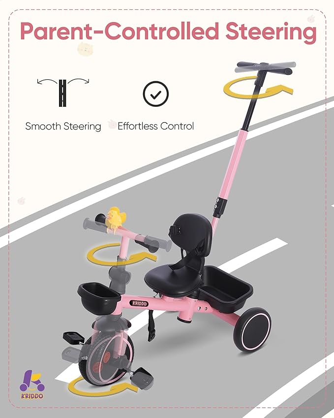 KRIDDO 2-in-1 Tricycle for Toddlers 1.5-5 Years, Push Tricycle with Parent Steering Detachable Handle, 9-Stage Adjustable Handlebar, Toddler Trike with Safety Belt, Clutch Pedals & Dual Basket, Pink