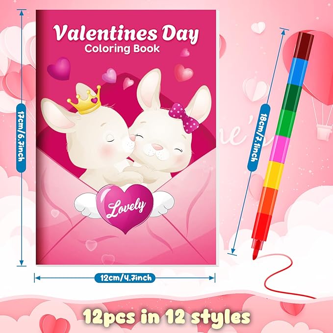 BenLouis 12 Valentines Day Mini Coloring Books Kids with 12 Stacking Crayons Valentine's Day Party Favors Small Activity Books Bulk for Kids Valentine's Classroom Party Gift Goodie Bag Stuffers