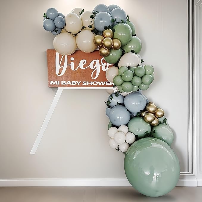 Dusty Sage Green Blue Balloons, Muted Slate Blue Green Gold Balloon, 12 Inch Olive Green Cream White and Gold Balloon for Woodland One Silly Goose Lucky Birthday Decor Baby Bridal Shower Decorations