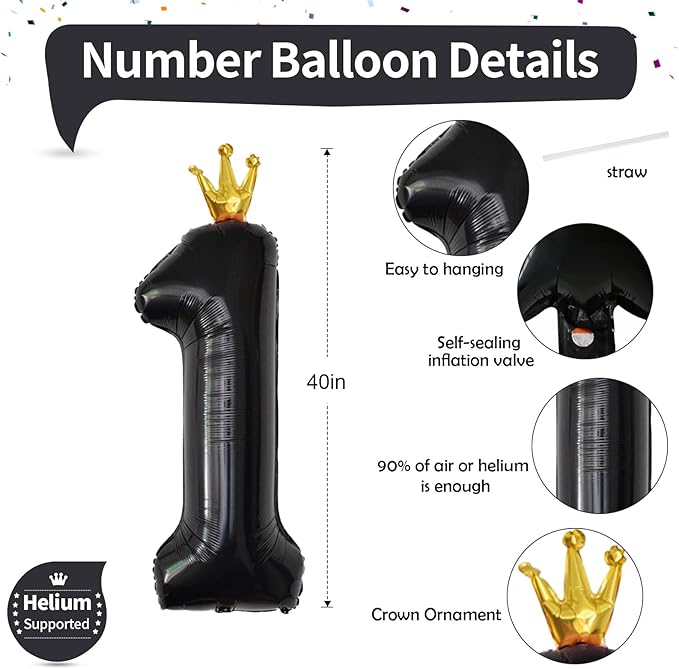 Crown Black 1 Balloon Number for Girls 1st Birthday Party, 40 Inch Large Number Foil Helium Balloons 0-9, for Boys 25st Birthday Party Baby Shower Anniversary Party Decoration Supplies
