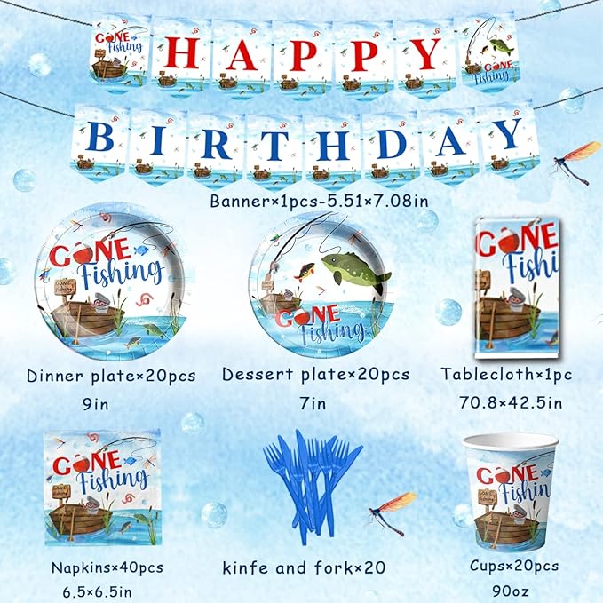 142 Pcs Gone Fishing Tableware,Fishing Birthday Party Decoration Little Fisherman Gone Fishing Themed Disposable Tablecloth,Plates,Napkins Cups Forks and Knives Supplies of Fishing Birthday Party