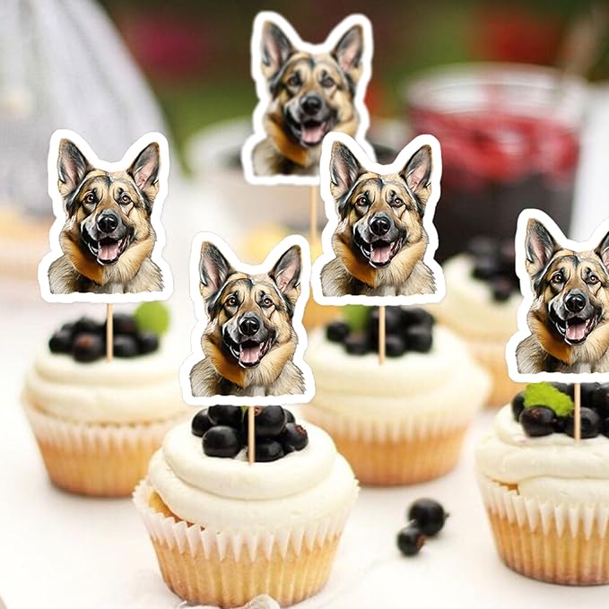 Ercadio 24 Pcs Pet Dog Puppy Cupcake Toppers Cute German Shepherd Dogs Cupcake Picks Puppy Birthday Party Pet Dog Party Cake Decorations