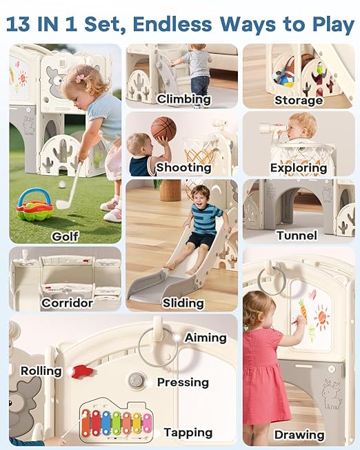 BIERUM Toddler Slide Set with Basketball Hoop, Golf Game & Drawing Board, 13-in-1 Indoor Outdoor Toddler Slides Playground for Kids Ages 1+, Kids Climber Playset for Backyard (Cream&Gray)