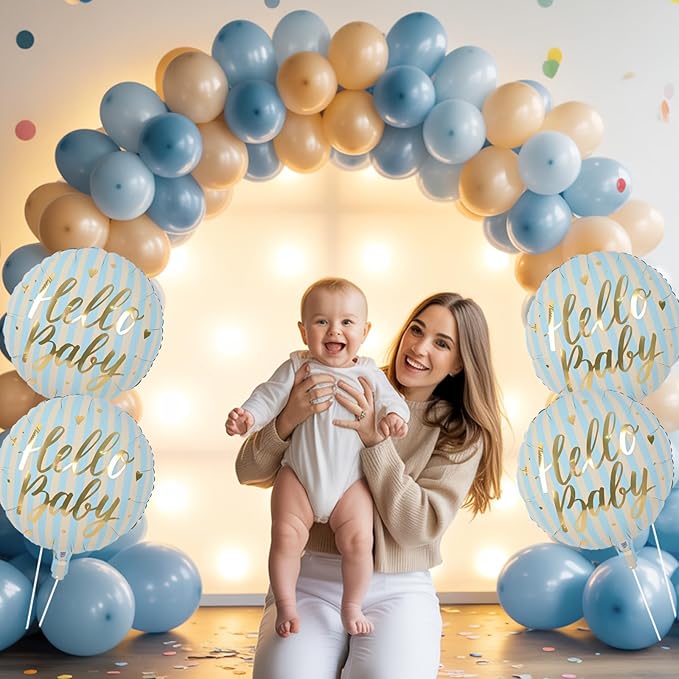 18" Hello Baby Foil Balloons for Welcome Baby Party Decorations, 4pcs Light Blue Cream Gold Mylar Balloons, baby Blue Beige Gold Balloon for Newborn Gender Neutral baby Shower Sip and See Party Decor