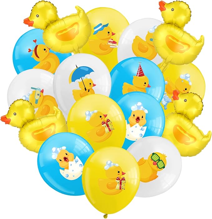 Sratte 40 Pcs Duck Balloon Inflatable Rubber Duck Party Decorations 12 Inch Cartoon Shape Foil Balloons Blue Pink Yellow White Latex Balloon for Baby Shower Themed Birthday Party Supplies