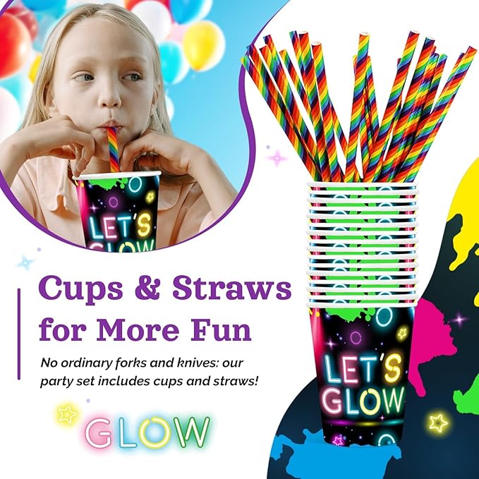 Glow Neon Birthday Party Supplies, 120Pcs Let's Glow Birthday Party Decorations Disposable and Radiant Tableware Includes Plates, Napkins, Cups and Straws | Serves 24