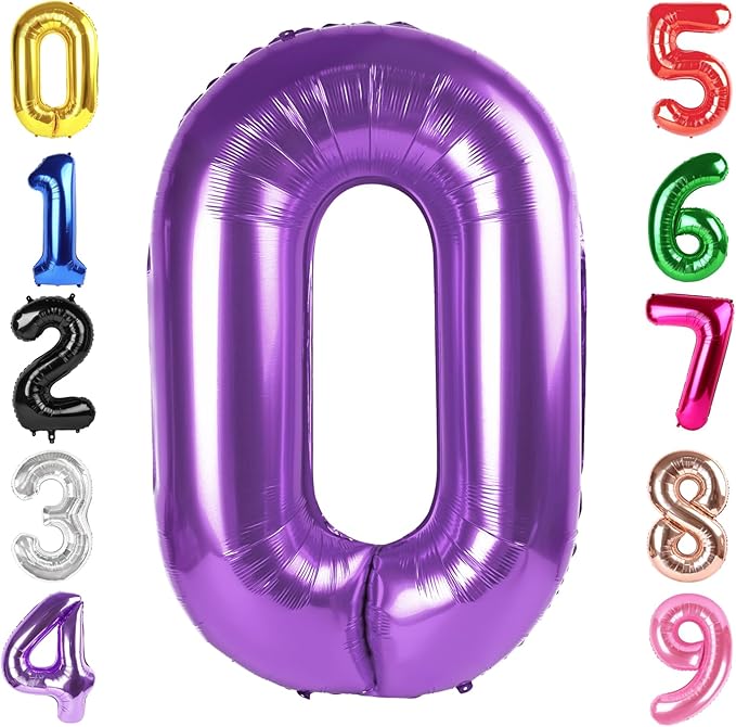 40 Inch Purple Number 0 Balloon, Giant Number 0 Balloons for 10th 20th 30th 40th Birthday Decorations, Party Supplies for Baby Boy Girl, Purple Party Decor