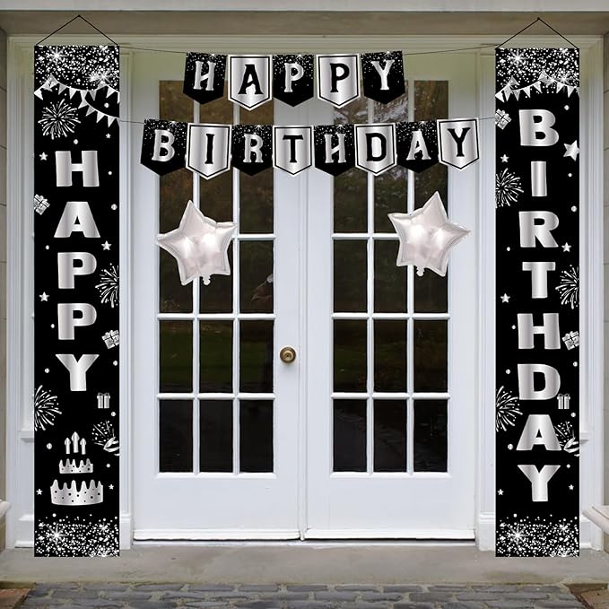 Black Birthday Decorations for Men Women, Black and Silver Party Decorations Boys Girls with Black Happy Birthday Banner Tablecloth Backdrop Porch Sign Door Decorations, Black Bady Party Supplies