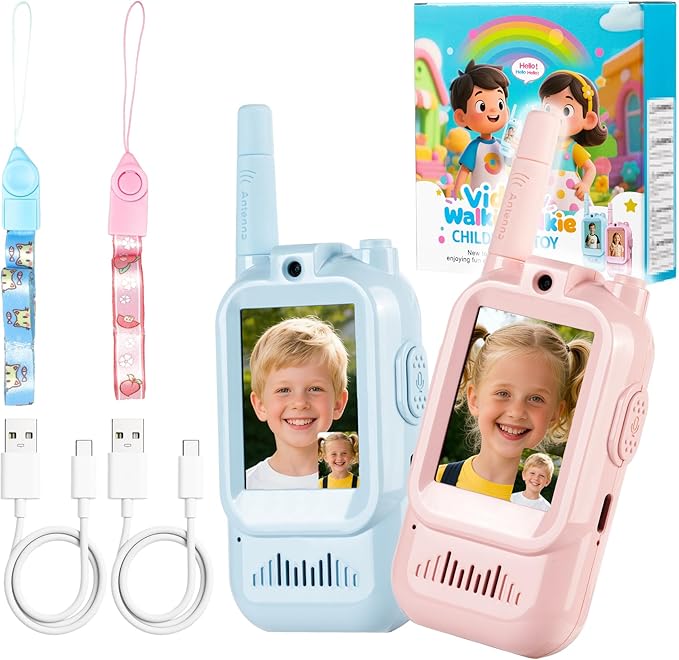 Video Walkie Talkies for Kids 2 PACK, Rechargeable Long Range Kids Walkie Talkie with HD Camera & Voice Changer Indoor Outdoor Camping & Christmas Birthday Gifts Toys for Boy Girl (Blue+Pink)