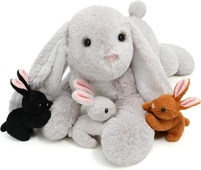 4 Pcs Easter Bunny Stuffed Animal - Large Stuffed Rabbit Plush Toys for Kids - Cuddly Mommy Bunny Surprise with 3 Small Bunnies