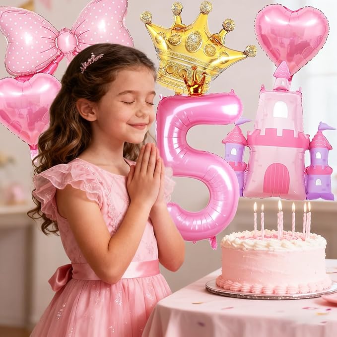 Princess Balloons for 5th Birthday Decorations Girl Castle Balloons Large Pink Crown Number 5 Balloon Pink Foil Balloon for Princess Birthday Party Decorations Supplies