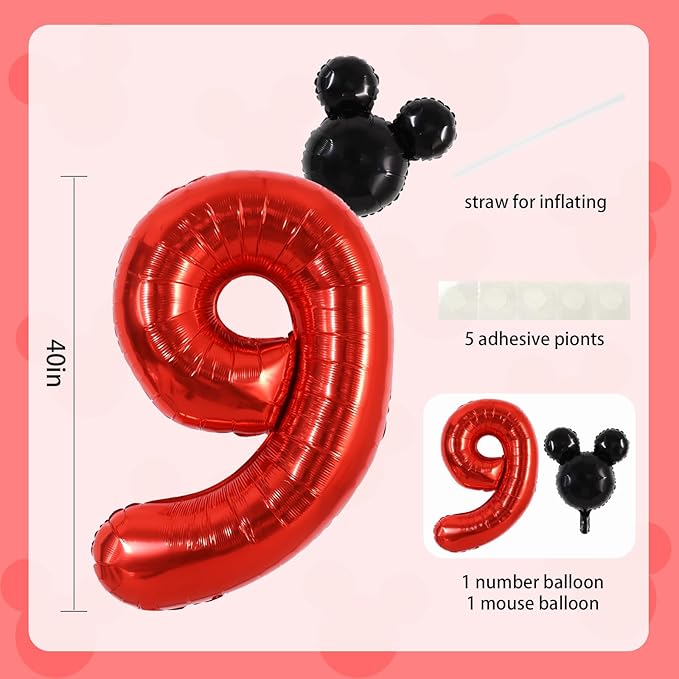 Vuzvuv 40 Inch Mouse Number Balloon No.9, Black Mouse Head Balloon and Red Giant Giant Number Nine Balloon for Birthday, Mouse Theme Party Supplies, Baby Shower,Anniversary Decoration