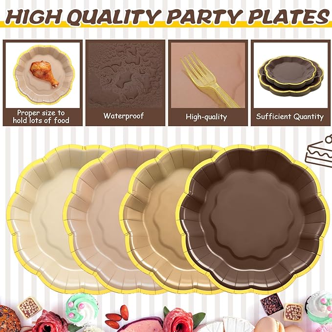 96 Pcs Brown Gold Plates Party Supplies Severs, Guests Disposable Party Decorations, 7'' and 9'' Scalloped Paper Plates, Cocktail Napkins Plastic Forks for Birthday Wedding