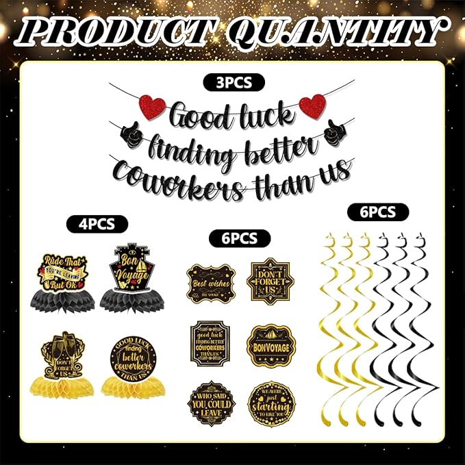 Going Away Party Decorations Include Good Luck Finding Better Coworkers Than Us Banners Hanging Swirls Honeycomb Centerpieces Farewell Theme Party Supplies