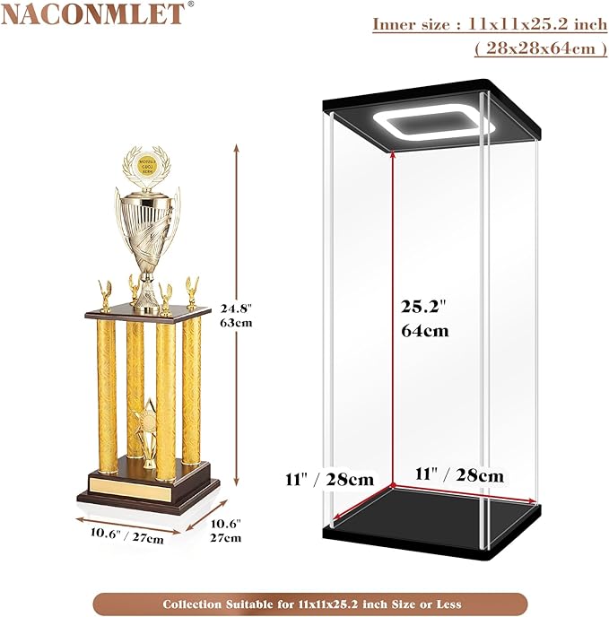 Acrylic Display Case with LED Light, Clear Dustproof Showcase for Collectibles, Action Figures & Trophies, Seamless Assemble Display Box for Models(11"x11"x25.2")